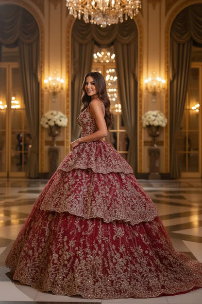Exquisite Ball Gown V Neck Layered Tulle Long QUINCEAÑERA Dress With Appliqued | Promspark