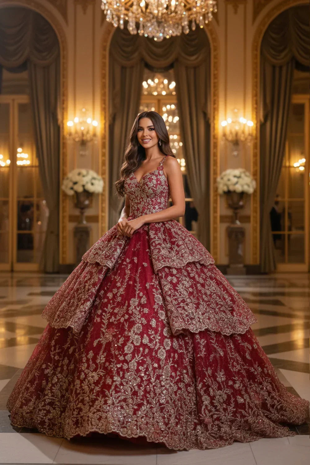 Exquisite Ball Gown V Neck Layered Tulle Long QUINCEAÑERA Dress With Appliqued | Promspark
