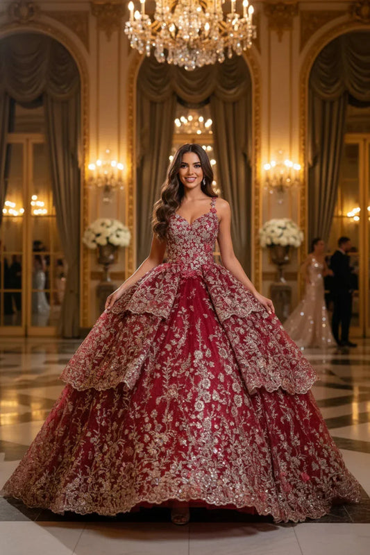 Exquisite Ball Gown V Neck Layered Tulle Long QUINCEAÑERA Dress With Appliqued | Promspark
