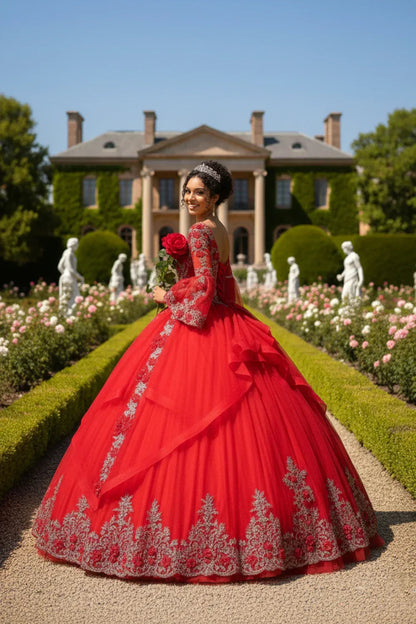 Exquisite Ball Gown V Neck Ruffled Tulle Long QUINCEAÑERA Dress With Beading | Promspark