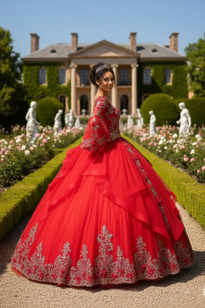 Exquisite Ball Gown V Neck Ruffled Tulle Long QUINCEAÑERA Dress With Beading | Promspark