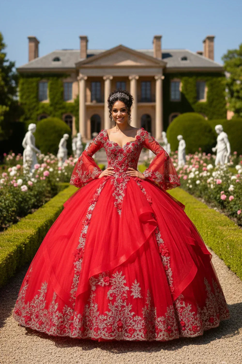 Exquisite Ball Gown V Neck Ruffled Tulle Long QUINCEAÑERA Dress With Beading | Promspark
