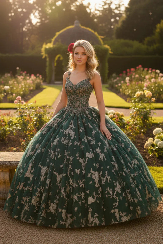Exquisite Ball Gown V Neck Tulle Long QUINCEAÑERA Dress With Appliqued | Promspark