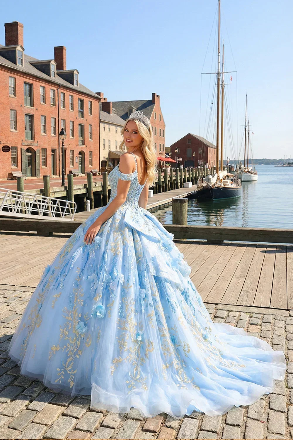 Glittery Ball Gown Cold Shoulder Quinceañera Dress With 3D Floral and Embroidery | Promspark