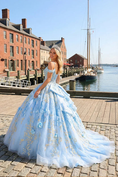Glittery Ball Gown Cold Shoulder Quinceañera Dress With 3D Floral and Embroidery | Promspark