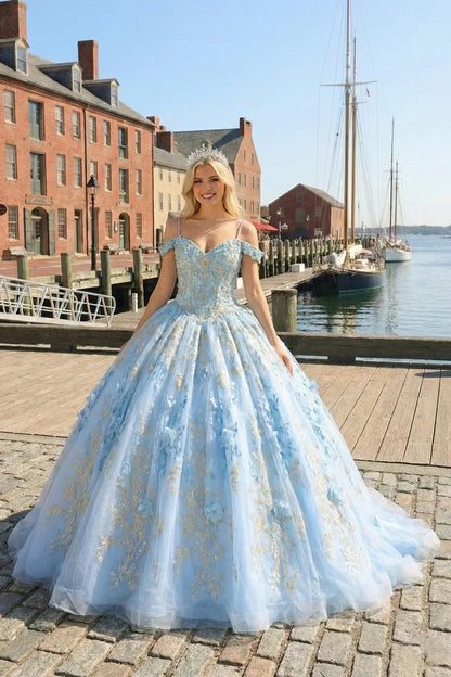 Glittery Ball Gown Cold Shoulder Quinceañera Dress With 3D Floral and Embroidery | Promspark