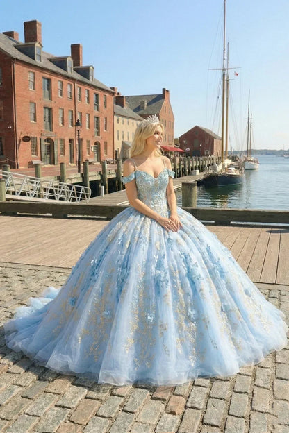 Glittery Ball Gown Cold Shoulder Quinceañera Dress With 3D Floral and Embroidery | Promspark