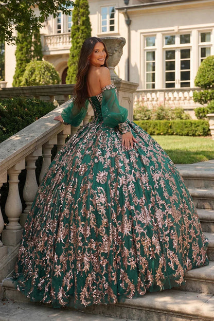 Glittery Ball Gown Cold Shoulder Quinceañera Dress With Sheer Sleeves | Promspark