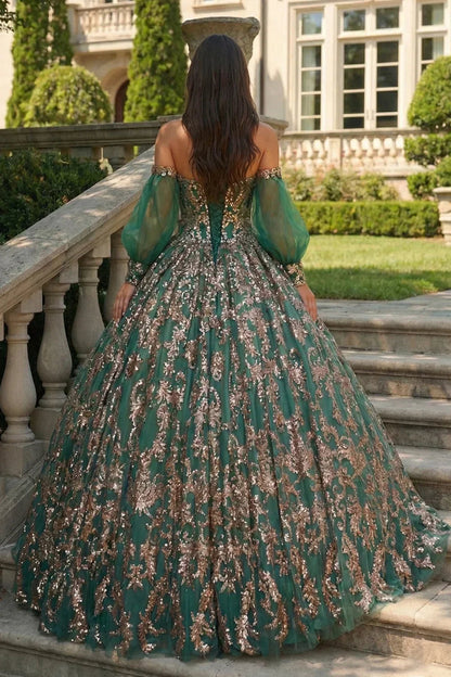 Glittery Ball Gown Cold Shoulder Quinceañera Dress With Sheer Sleeves | Promspark