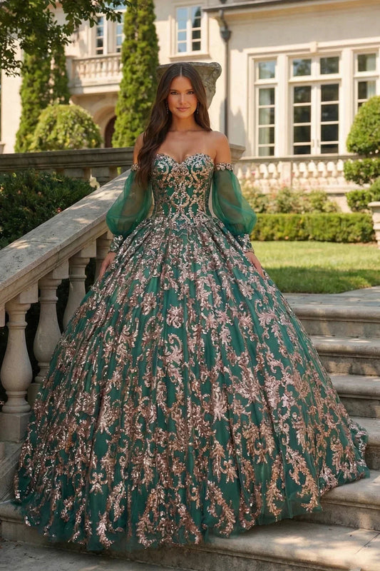Glittery Ball Gown Cold Shoulder Quinceañera Dress With Sheer Sleeves | Promspark