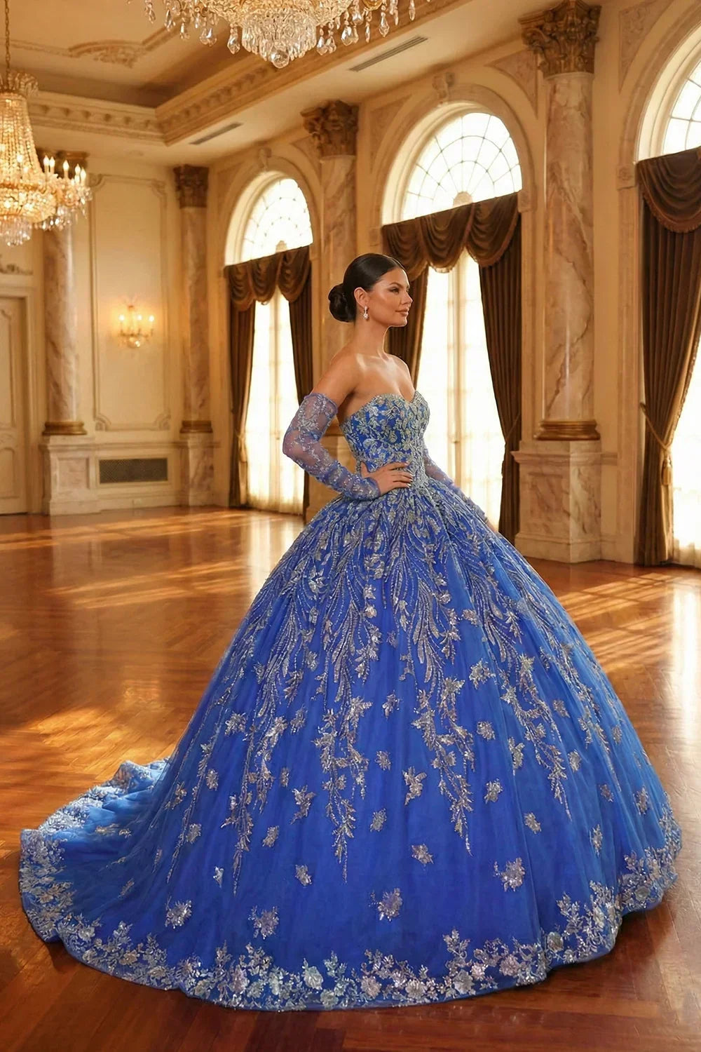 Glittery Ball Gown Cold Shoulder Quinceañera Dress With Sheer Sleeves | Promspark
