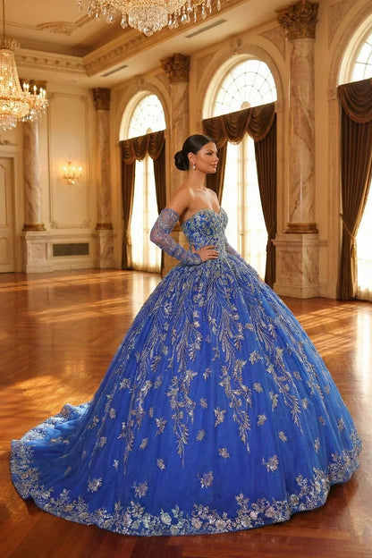 Glittery Ball Gown Cold Shoulder Quinceañera Dress With Sheer Sleeves | Promspark