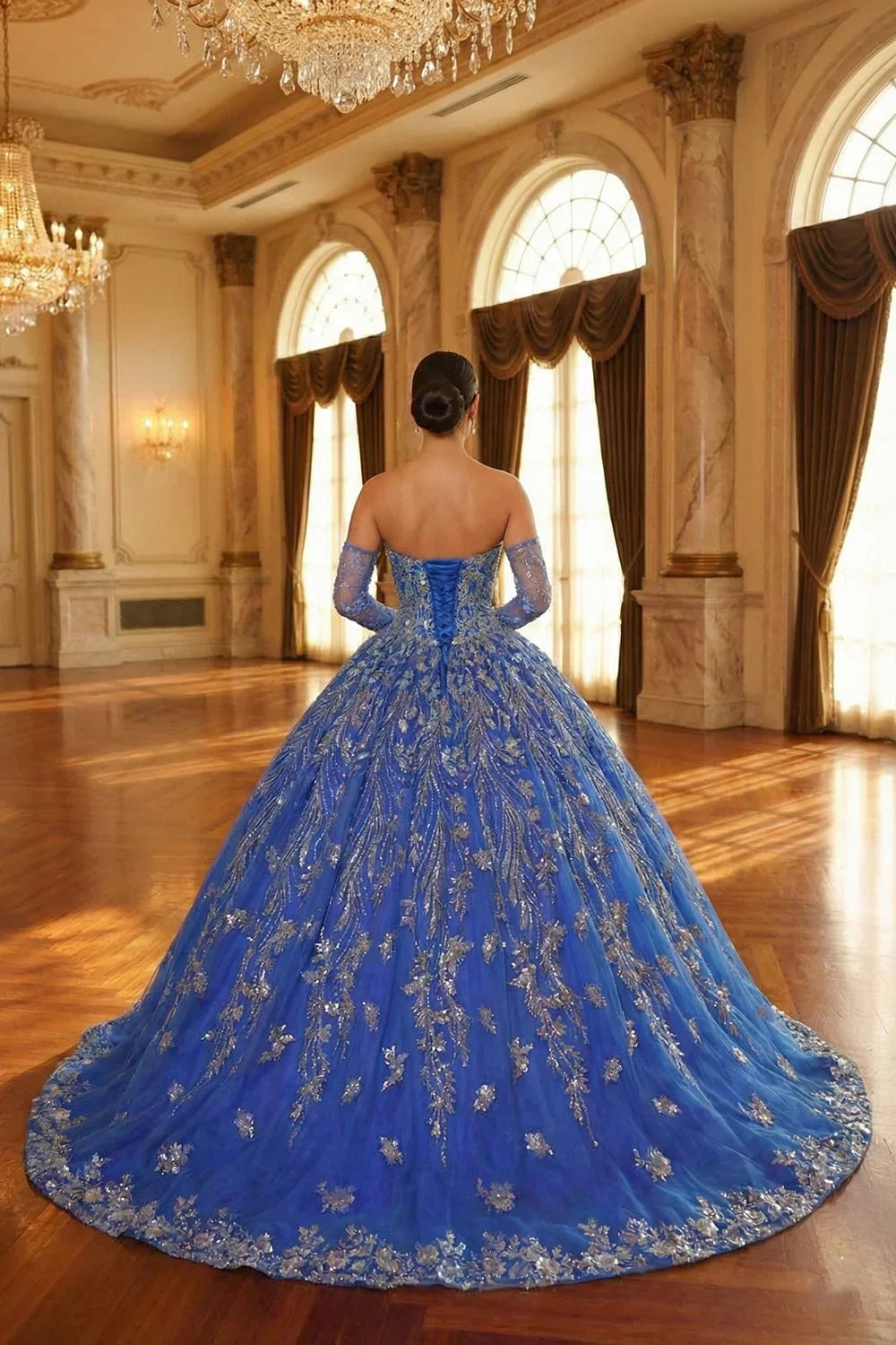 Glittery Ball Gown Cold Shoulder Quinceañera Dress With Sheer Sleeves | Promspark