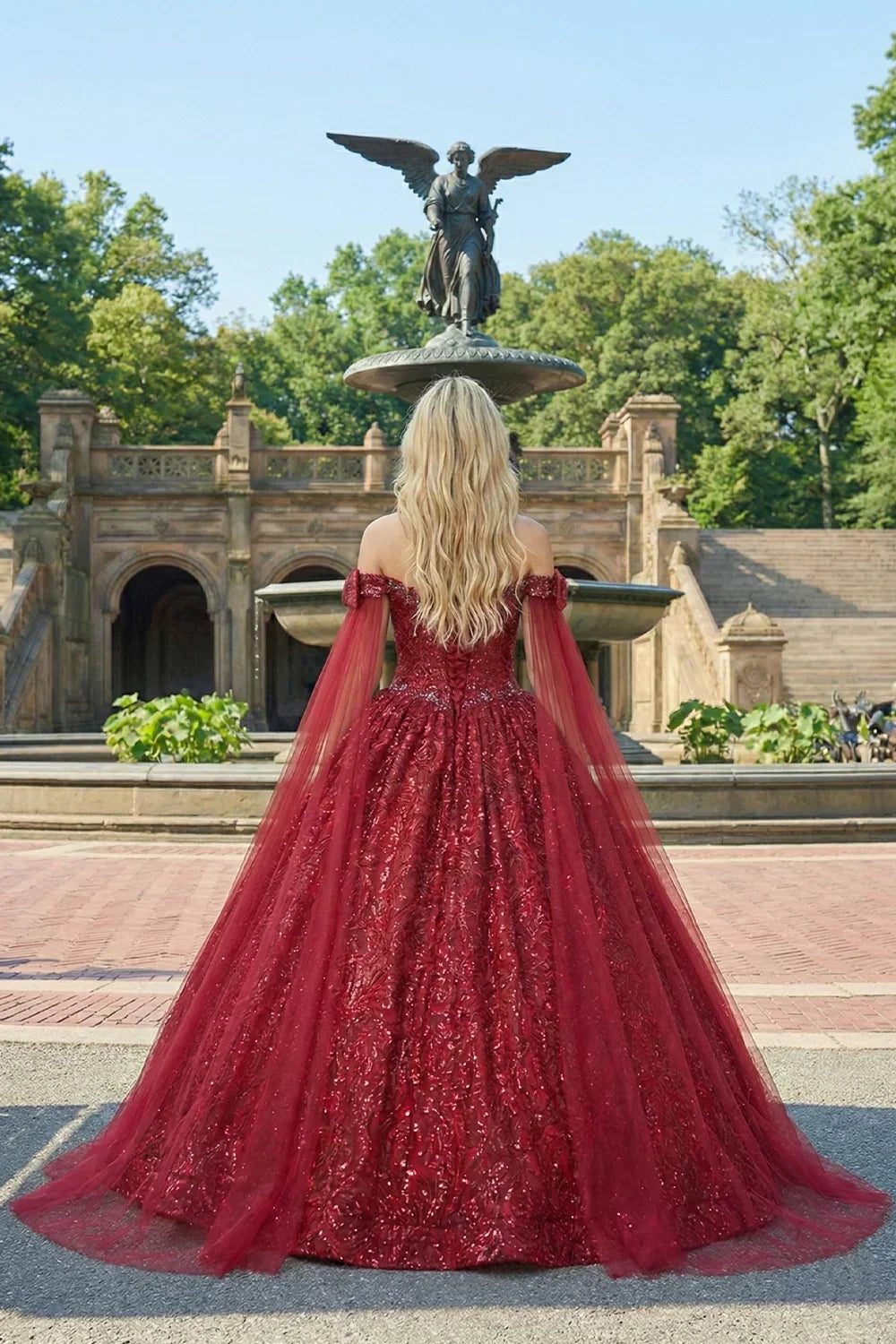 Glittery Ball Gown Cold Shoulder Quinceañera Dress With With Sheer Cape | Promspark
