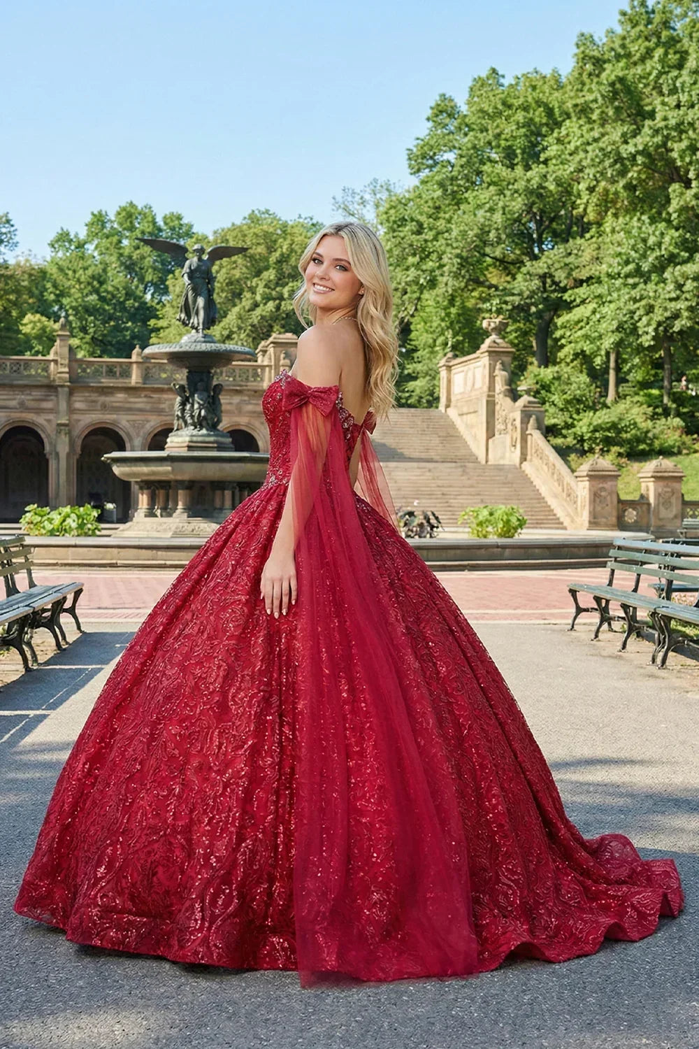 Glittery Ball Gown Cold Shoulder Quinceañera Dress With With Sheer Cape | Promspark
