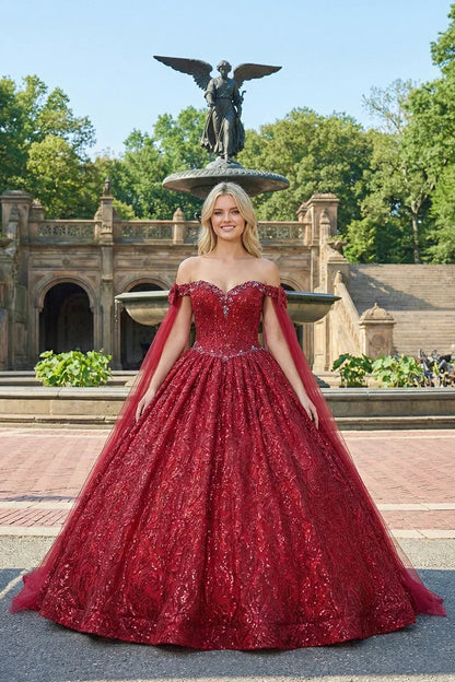Glittery Ball Gown Cold Shoulder Quinceañera Dress With With Sheer Cape | Promspark