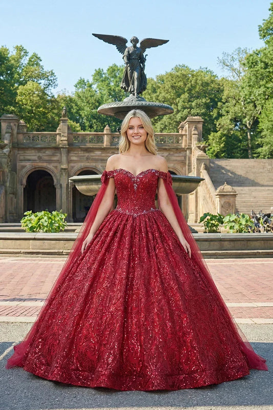 Glittery Ball Gown Cold Shoulder Quinceañera Dress With With Sheer Cape | Promspark