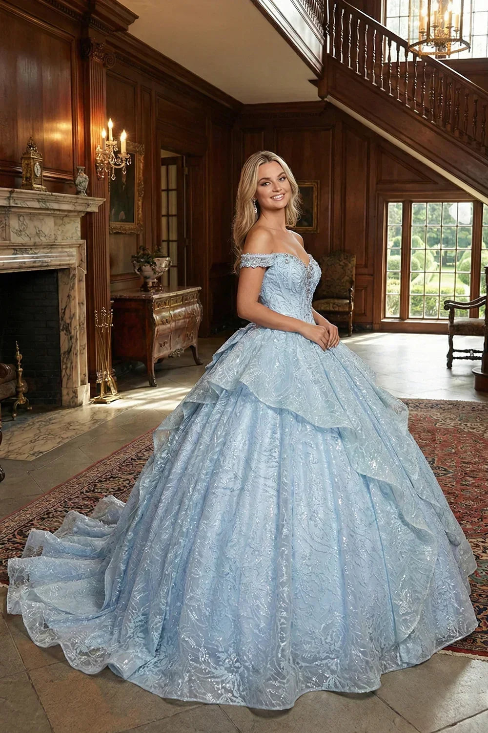 Layered Ruffled Ball Gown Cold Shoulder Quinceañera Dress With Embroidery and Bow | Promspark