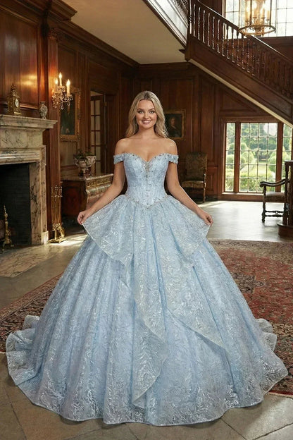 Layered Ruffled Ball Gown Cold Shoulder Quinceañera Dress With Embroidery and Bow | Promspark