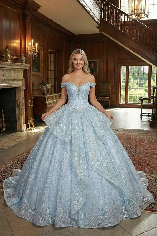 Layered Ruffled Ball Gown Cold Shoulder Quinceañera Dress With Embroidery and Bow | Promspark