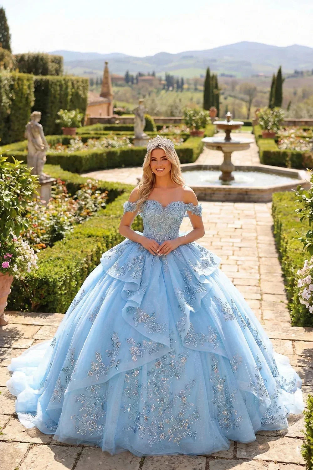 Layered Ruffled Ball Gown Cold Shoulder Quinceañera Dress With Embroidery and Bow | Promspark