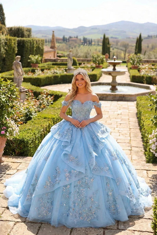 Layered Ruffled Ball Gown Cold Shoulder Quinceañera Dress With Embroidery and Bow | Promspark