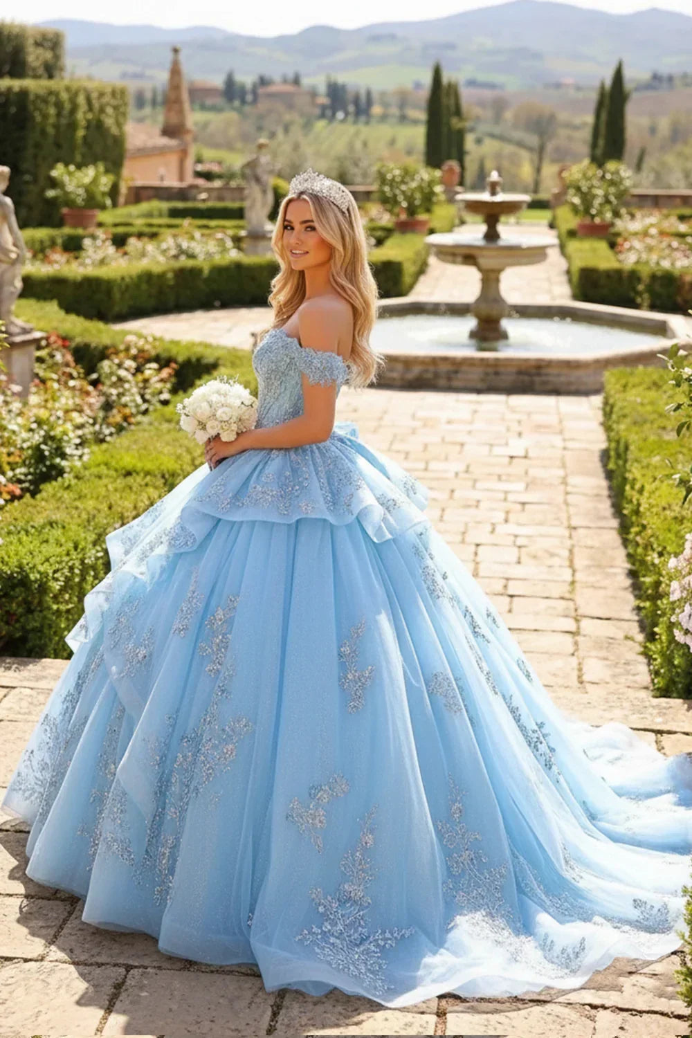 Layered Ruffled Ball Gown Cold Shoulder Quinceañera Dress With Embroidery and Bow | Promspark