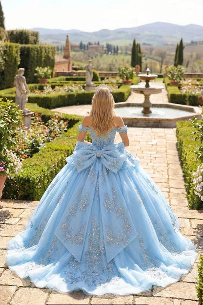 Layered Ruffled Ball Gown Cold Shoulder Quinceañera Dress With Embroidery and Bow | Promspark