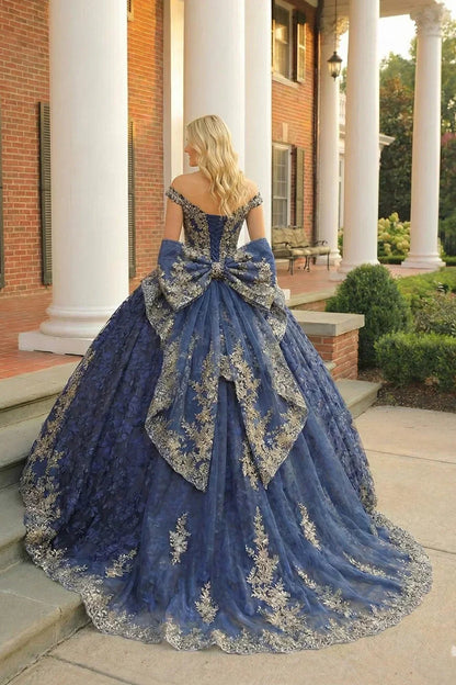 Layered Ruffled Ball Gown Cold Shoulder Quinceañera Dress With  Floral Embroidery and Bow | Promspark