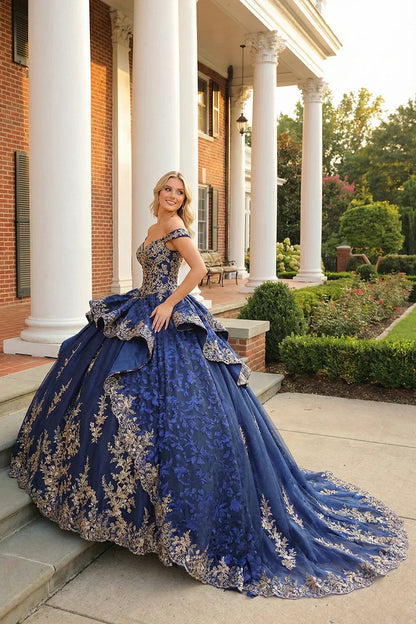 Layered Ruffled Ball Gown Cold Shoulder Quinceañera Dress With  Floral Embroidery and Bow | Promspark