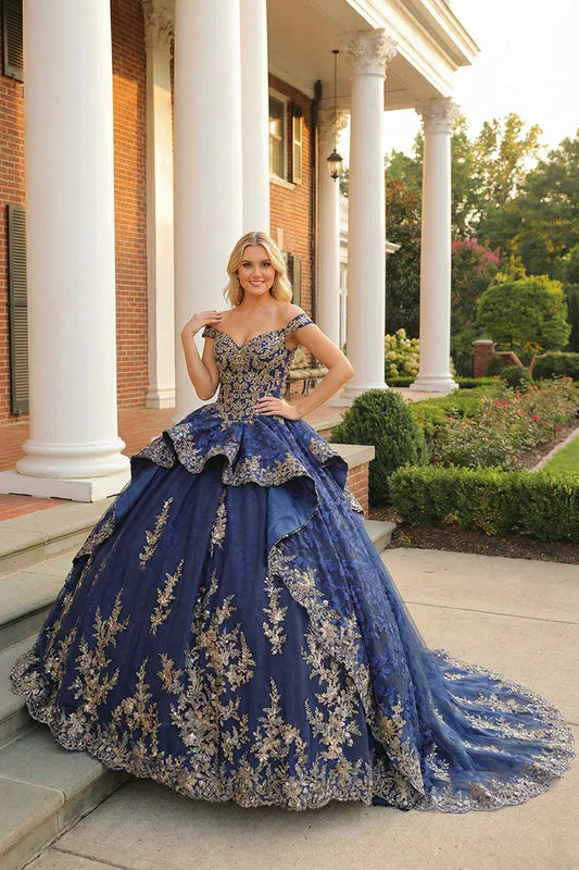Layered Ruffled Ball Gown Cold Shoulder Quinceañera Dress With  Floral Embroidery and Bow | Promspark