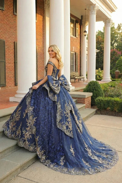 Layered Ruffled Ball Gown Cold Shoulder Quinceañera Dress With  Floral Embroidery and Bow | Promspark