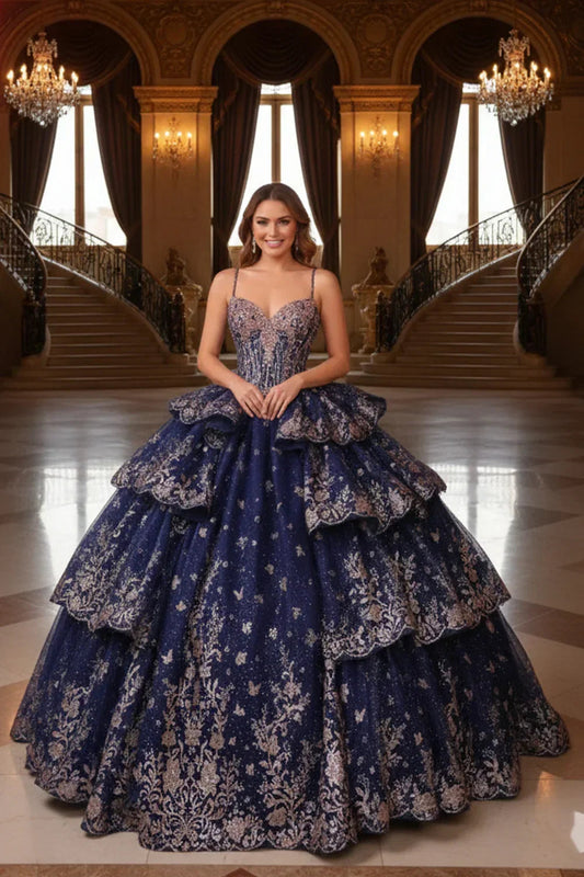 Layered Ruffled Ball Gown Cold Shoulder Quinceañera Dress With Embroidery | Promspark