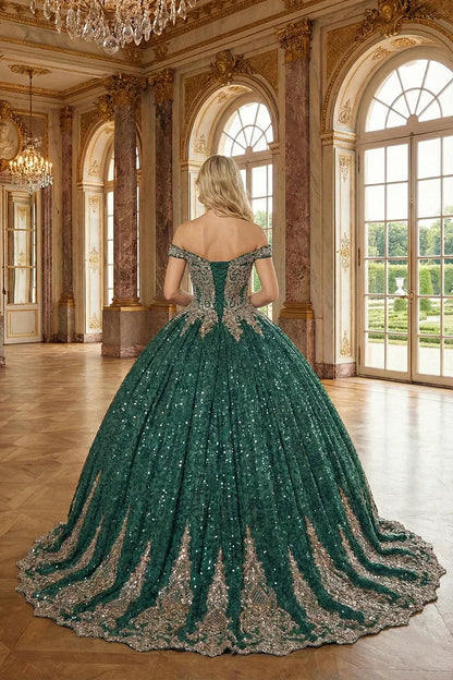 Luxurious Ball Gown Off-the-shoulder Tulle QUINCEAÑERA Dress With Intricate Lace & Glitter | Promspark