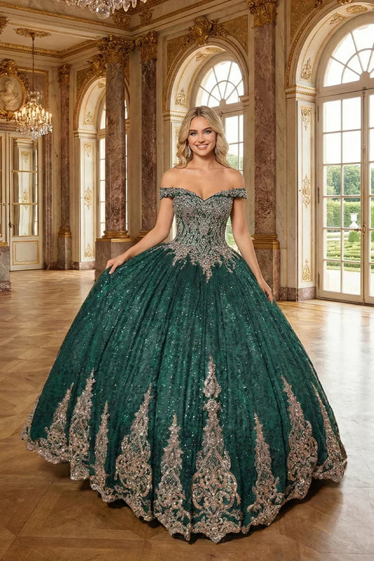 Luxurious Ball Gown Off-the-shoulder Tulle QUINCEAÑERA Dress With Intricate Lace & Glitter | Promspark