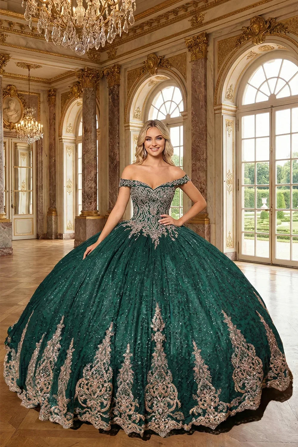 Luxurious Ball Gown Off-the-shoulder Tulle QUINCEAÑERA Dress With Intricate Lace & Glitter | Promspark