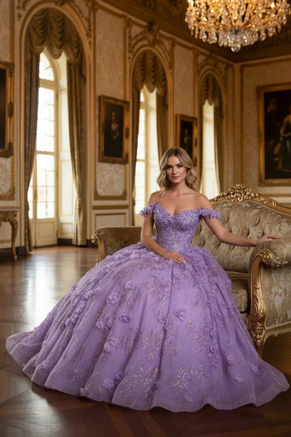 3D Floral Ball Gown Off-the-shoulder Quinceañera Dress With Gold Accents | Promspark