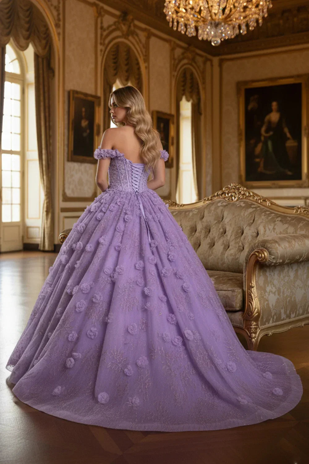 3D Floral Ball Gown Off-the-shoulder Quinceañera Dress With Gold Accents | Promspark