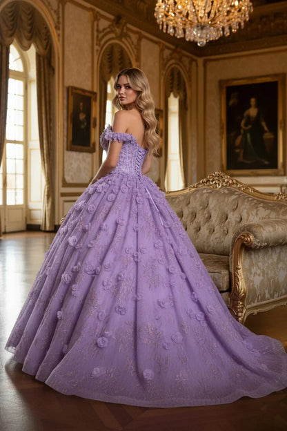3D Floral Ball Gown Off-the-shoulder Quinceañera Dress With Gold Accents | Promspark