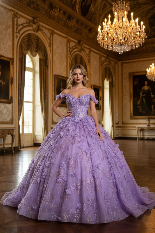 3D Floral Ball Gown Off-the-shoulder Quinceañera Dress With Gold Accents | Promspark
