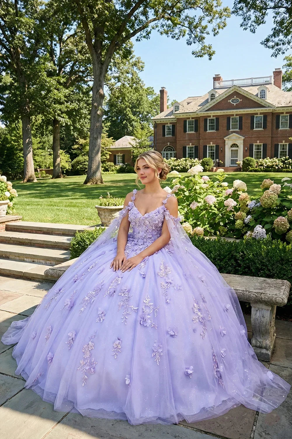 Charming Ball Gown Cold Shoulder Quinceañera Dress With 3D Floral and Sheer Cape | Promspark