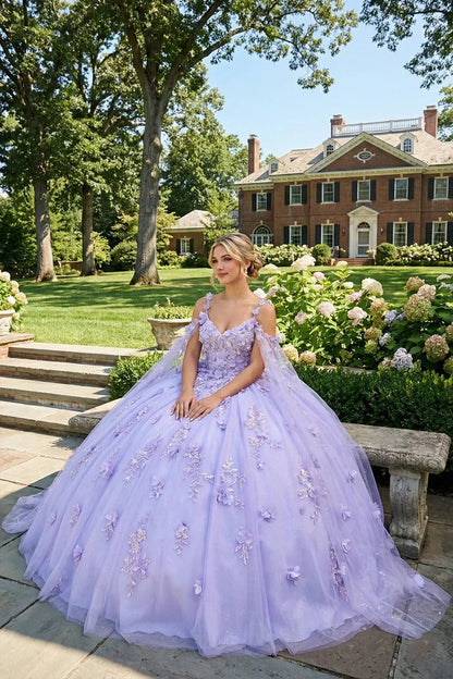 Charming Ball Gown Cold Shoulder Quinceañera Dress With 3D Floral and Sheer Cape | Promspark