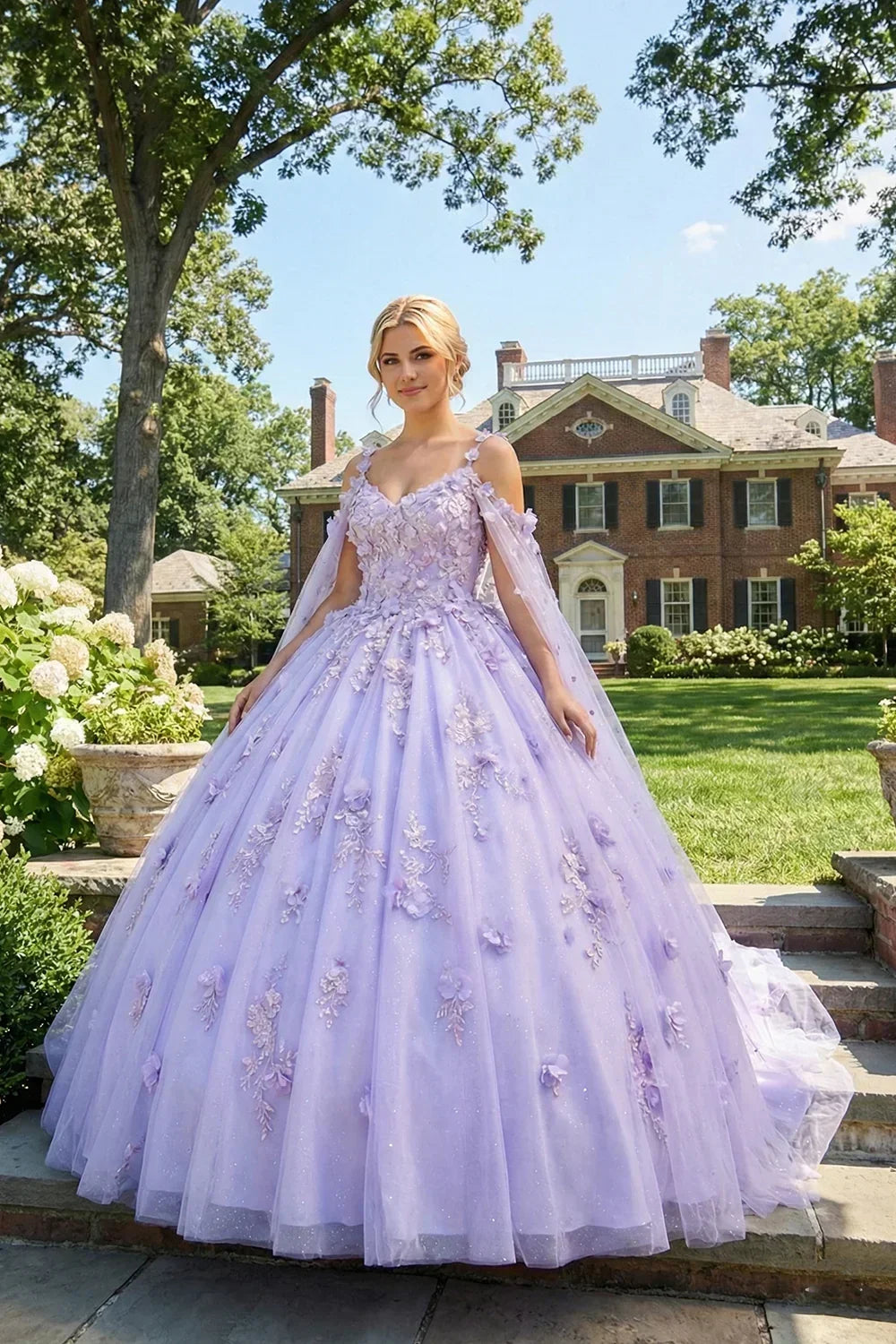 Charming Ball Gown Cold Shoulder Quinceañera Dress With 3D Floral and Sheer Cape | Promspark