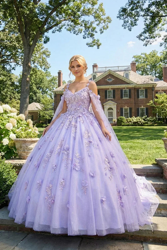 Charming Ball Gown Cold Shoulder Quinceañera Dress With 3D Floral and Sheer Cape | Promspark