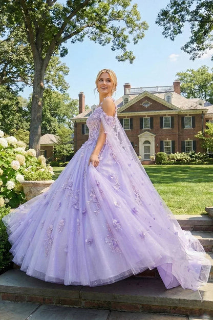 Charming Ball Gown Cold Shoulder Quinceañera Dress With 3D Floral and Sheer Cape | Promspark