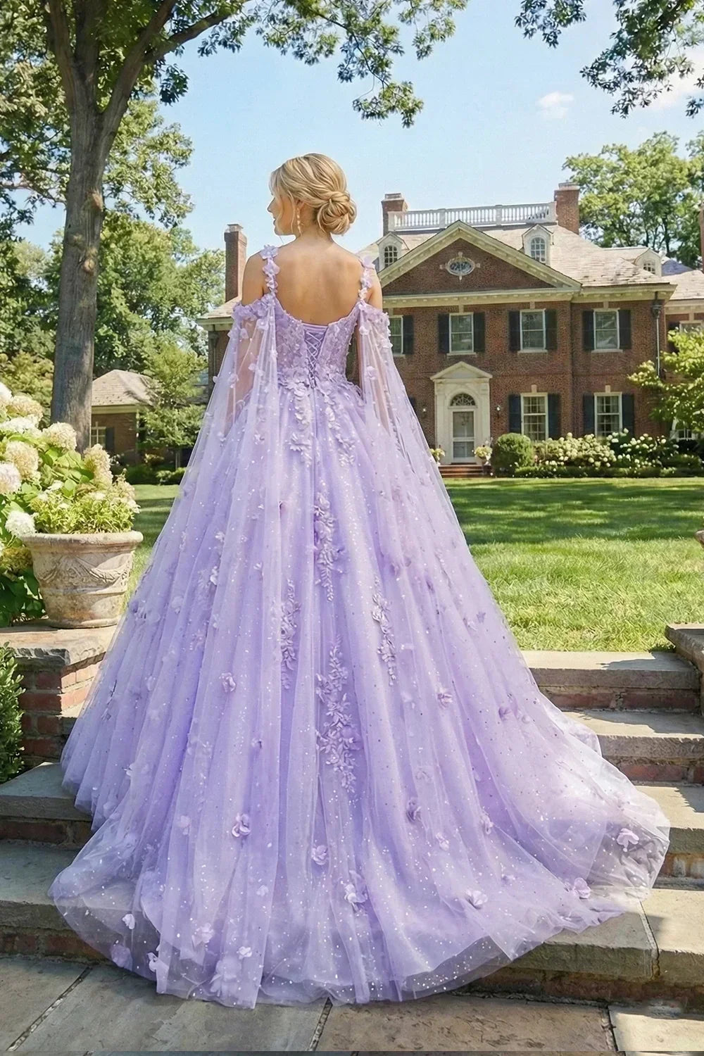 Charming Ball Gown Cold Shoulder Quinceañera Dress With 3D Floral and Sheer Cape | Promspark
