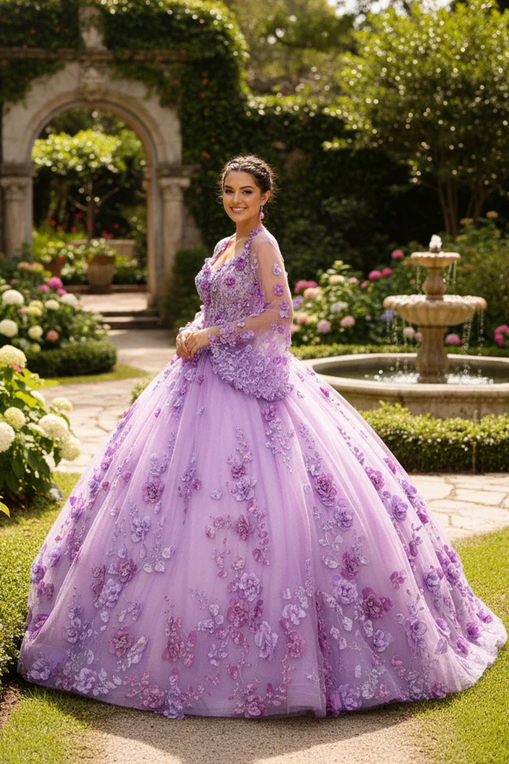 Charming Ball Gown Illusion Neck Quinceañera Dress With 3D Floral & Lace | Promspark