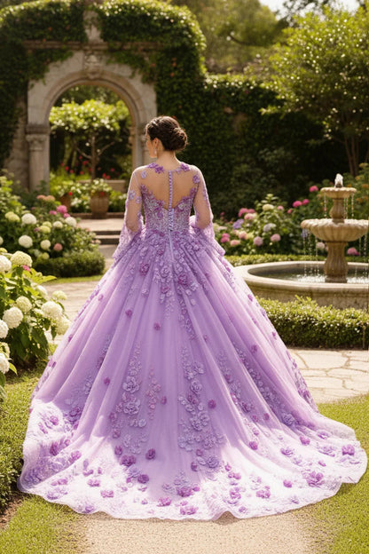 Charming Ball Gown Illusion Neck Quinceañera Dress With 3D Floral & Lace | Promspark