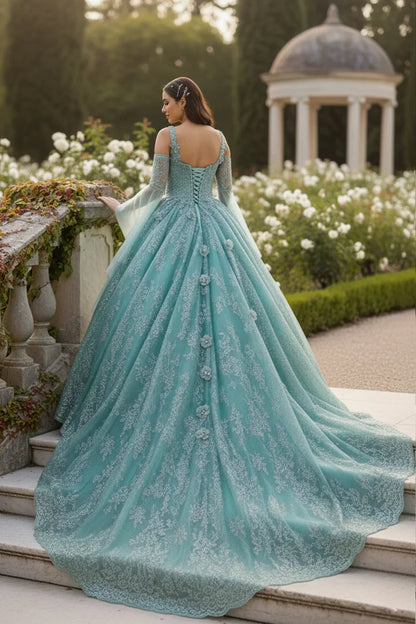 Elegant Ball Gown Cold Shoulder Quinceañera Dress With Floral Embroidery & Button Detail | Promspark