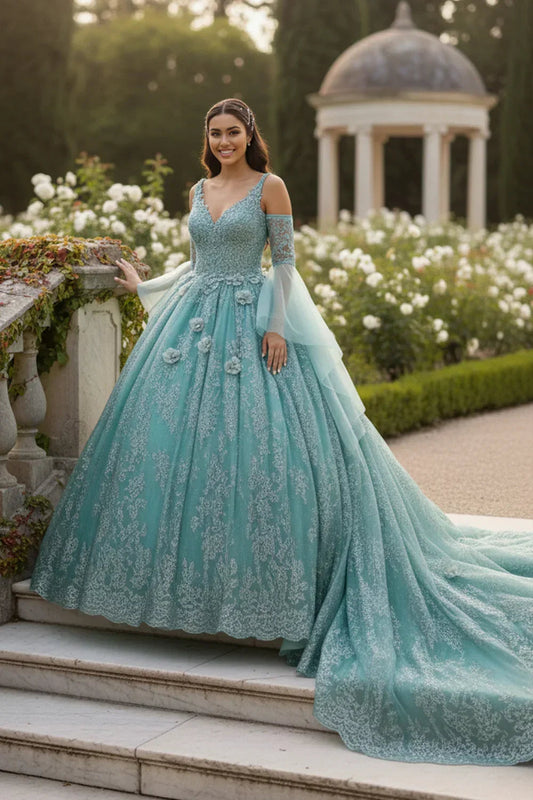 Elegant Ball Gown Cold Shoulder Quinceañera Dress With Floral Embroidery & Button Detail | Promspark